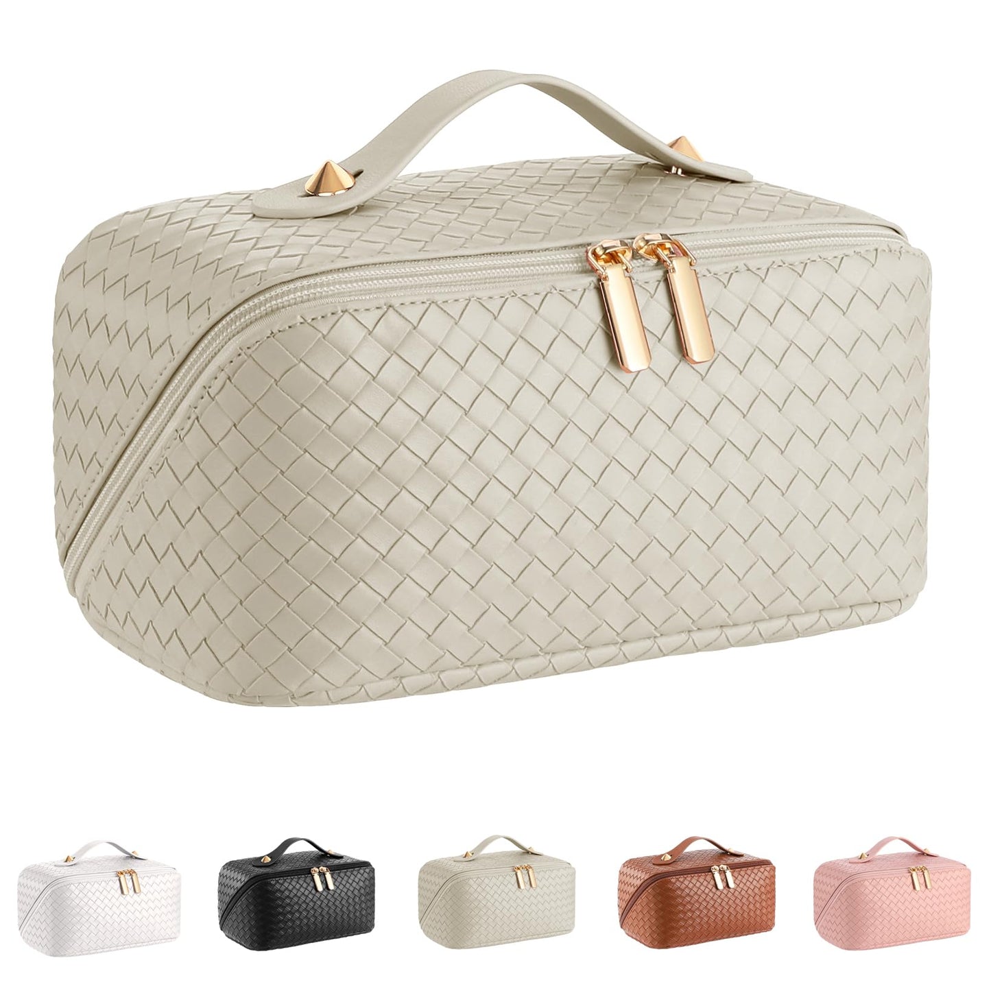 Large Capacity Travel Cosmetic Bag - Portable Makeup Bags for Women Waterproof PU Leather Checkered Makeup Organizer Bag with Dividers and Handle,Toiletry Bag for Cosmetics