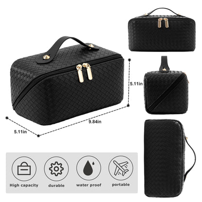 Large Capacity Travel Cosmetic Bag - Portable Makeup Bags for Women Waterproof PU Leather Checkered Makeup Organizer Bag with Dividers and Handle,Toiletry Bag for Cosmetics