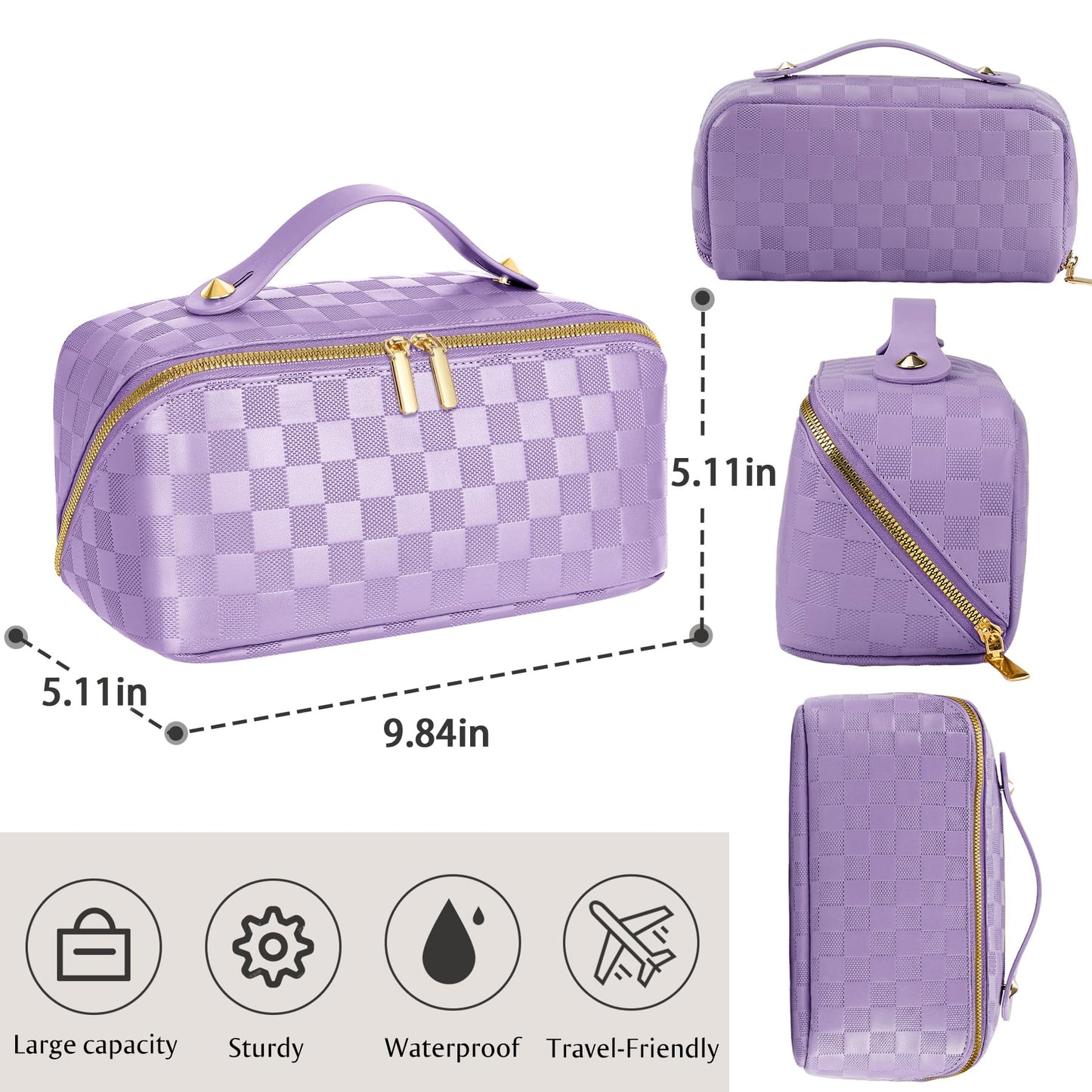 Large Capacity Travel Cosmetic Bag - Portable Makeup Bags for Women Waterproof PU Leather Checkered Makeup Organizer Bag with Dividers and Handle,Toiletry Bag for Cosmetics