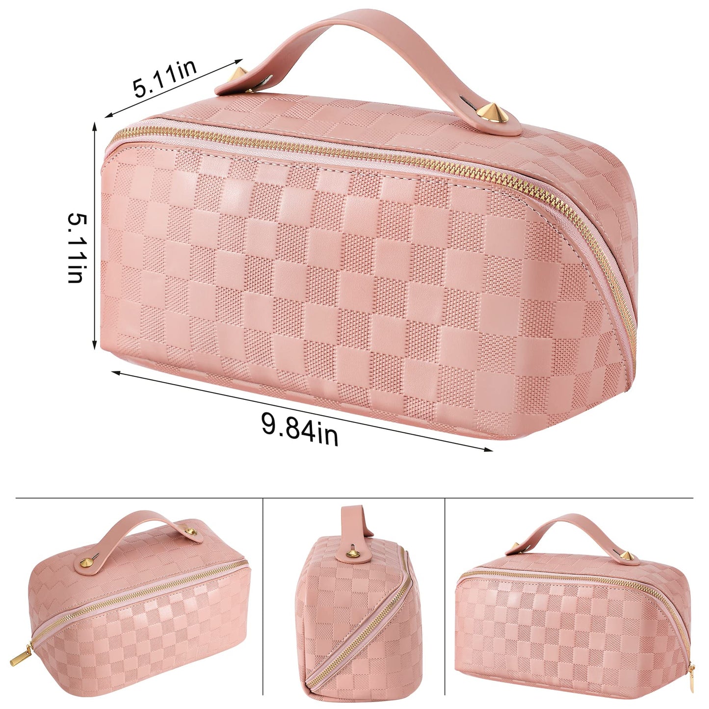 Large Capacity Travel Cosmetic Bag - Portable Makeup Bags for Women Waterproof PU Leather Checkered Makeup Organizer Bag with Dividers and Handle,Toiletry Bag for Cosmetics