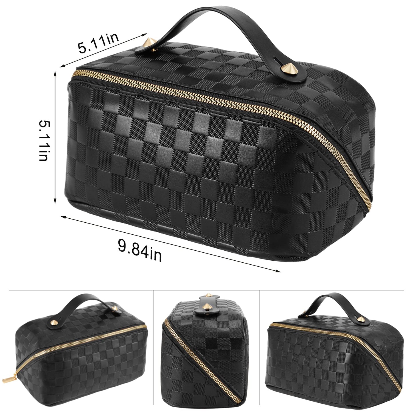 Large Capacity Travel Cosmetic Bag - Portable Makeup Bags for Women Waterproof PU Leather Checkered Makeup Organizer Bag with Dividers and Handle,Toiletry Bag for Cosmetics