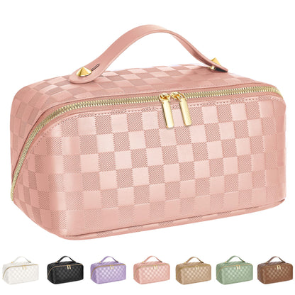 Large Capacity Travel Cosmetic Bag - Portable Makeup Bags for Women Waterproof PU Leather Checkered Makeup Organizer Bag with Dividers and Handle,Toiletry Bag for Cosmetics