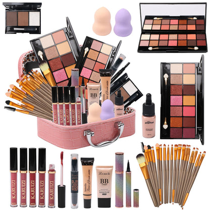 All in One Makeup Kit for Makeup storage bag 2X14 Colors Eyeshadow Palette Liquid Foundation Eyeliner Pencils Contouring Stick Lip Gloss Eyebrow Pencils 20Pcs Makeup Brushes etc For Women Girls Teens (Black)