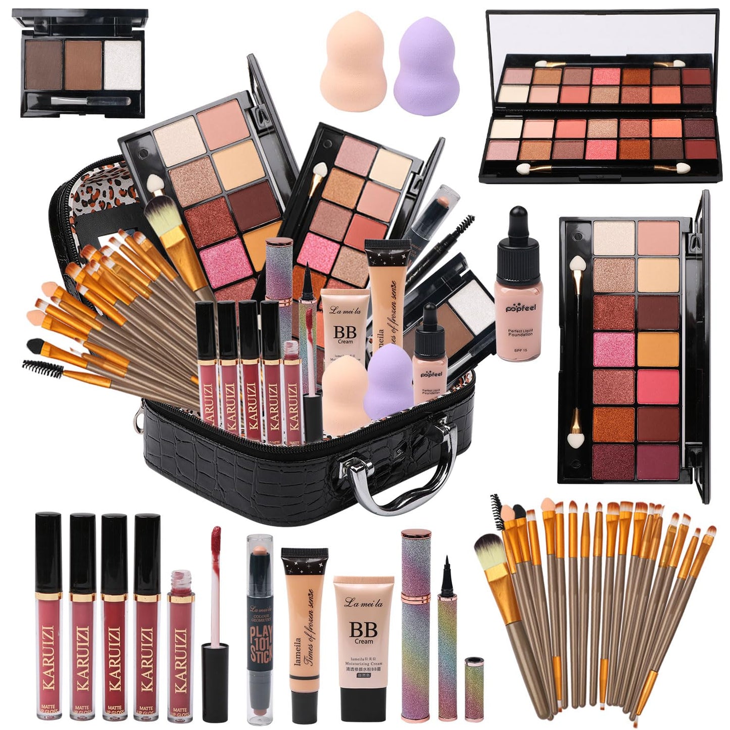 All in One Makeup Kit for Makeup storage bag 2X14 Colors Eyeshadow Palette Liquid Foundation Eyeliner Pencils Contouring Stick Lip Gloss Eyebrow Pencils 20Pcs Makeup Brushes etc For Women Girls Teens (Black)