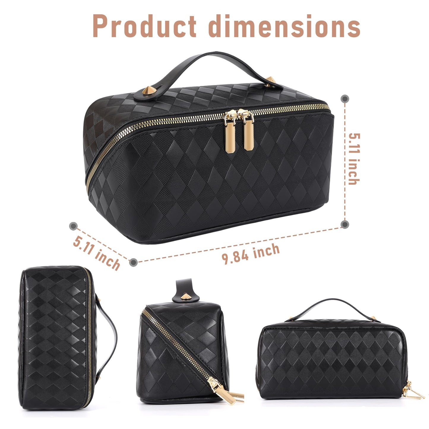 Large Capacity Travel Cosmetic Bag - Portable Makeup Bags for Women Waterproof PU Leather Checkered Makeup Organizer Bag with Dividers and Handle,Toiletry Bag for Cosmetics