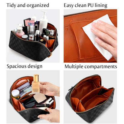 Large Capacity Travel Cosmetic Bag - Portable Makeup Bags for Women Waterproof PU Leather Checkered Makeup Organizer Bag with Dividers and Handle,Toiletry Bag for Cosmetics