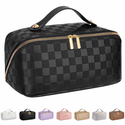 Large Capacity Travel Cosmetic Bag - Portable Makeup Bags for Women Waterproof PU Leather Checkered Makeup Organizer Bag with Dividers and Handle,Toiletry Bag for Cosmetics