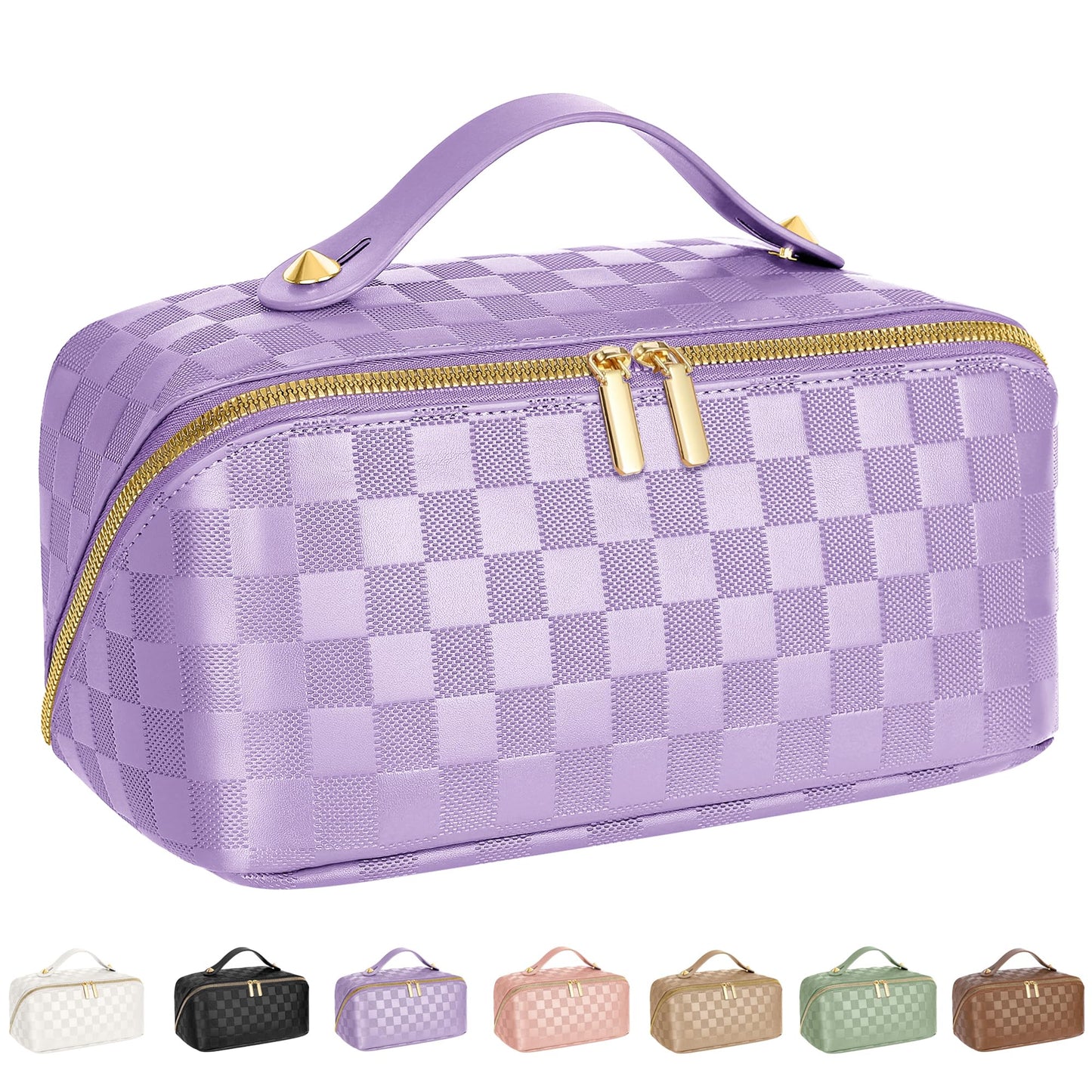 Large Capacity Travel Cosmetic Bag - Portable Makeup Bags for Women Waterproof PU Leather Checkered Makeup Organizer Bag with Dividers and Handle,Toiletry Bag for Cosmetics